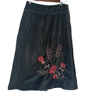 April Cornell Vintage Embroidered Floral Velvet Green Midi Skirt Women's Size M
